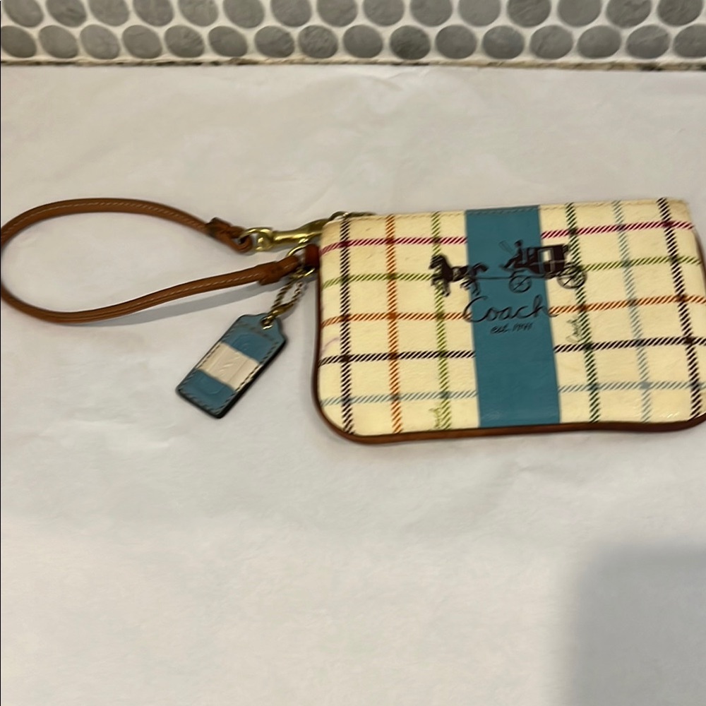 Coach Plaid Wristlet in Cream and Blue - Picture 3 of 12
